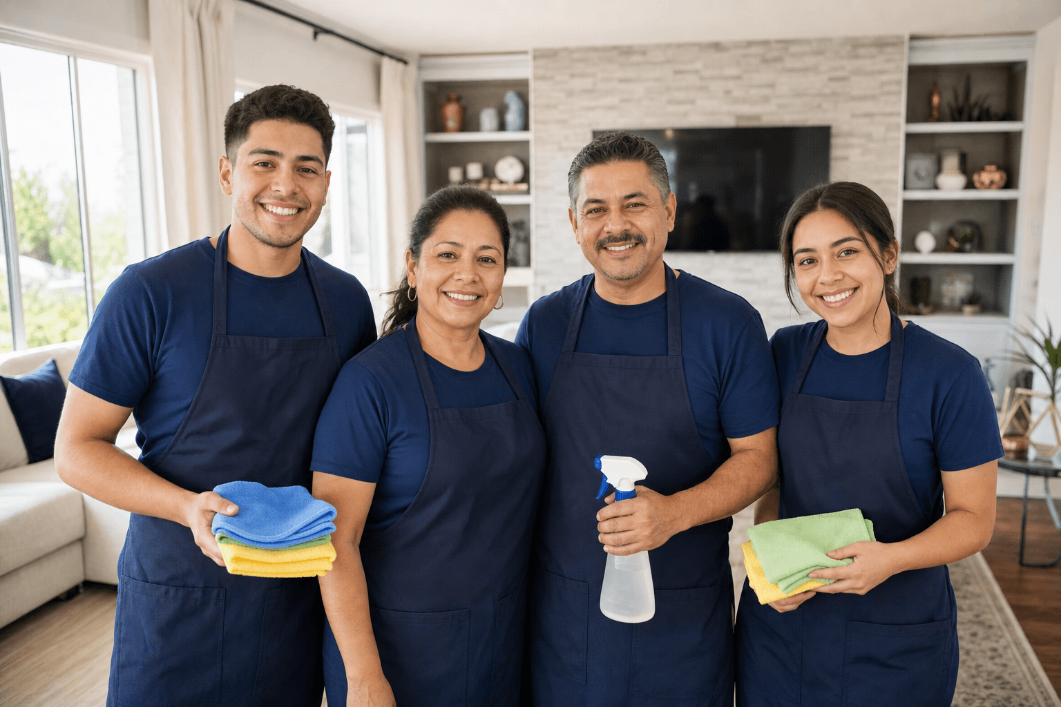 The Macias family cleaning team smiling together in a bright, freshly cleaned living room