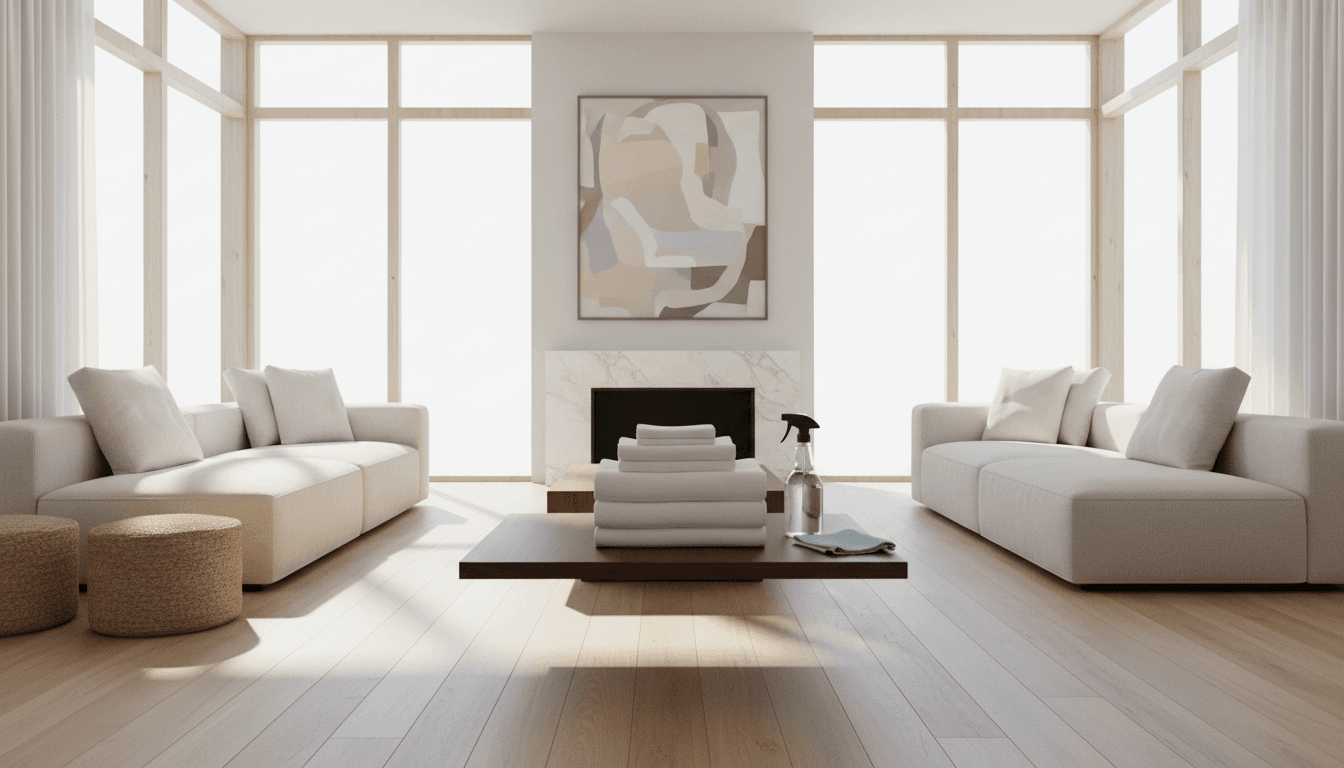 Bright living room with fresh towels and cleaning supplies on a coffee table