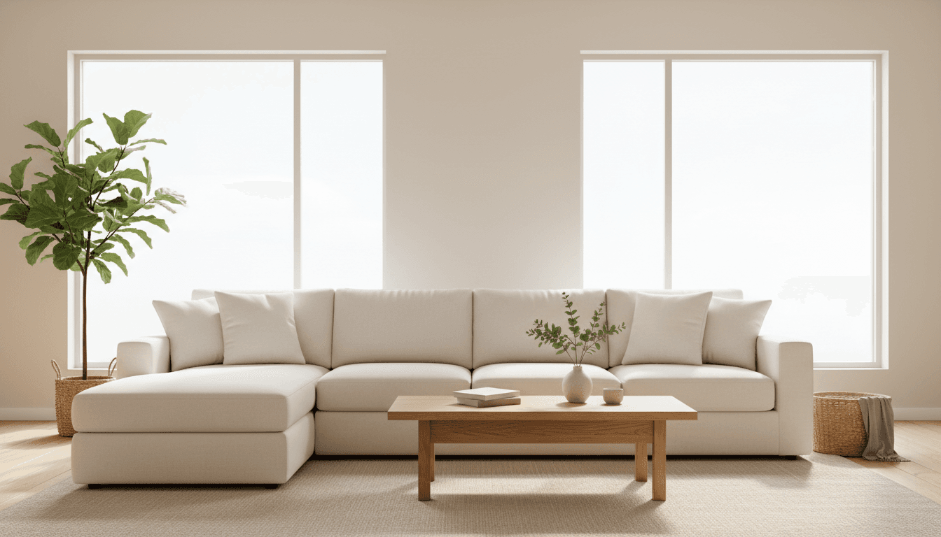 Bright living room with natural light, clean sofa and tidy surfaces